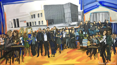 Een schilderij van een bedrijfsfeest
