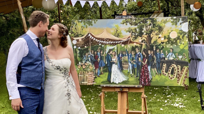 Een schilderij van een bruiloft